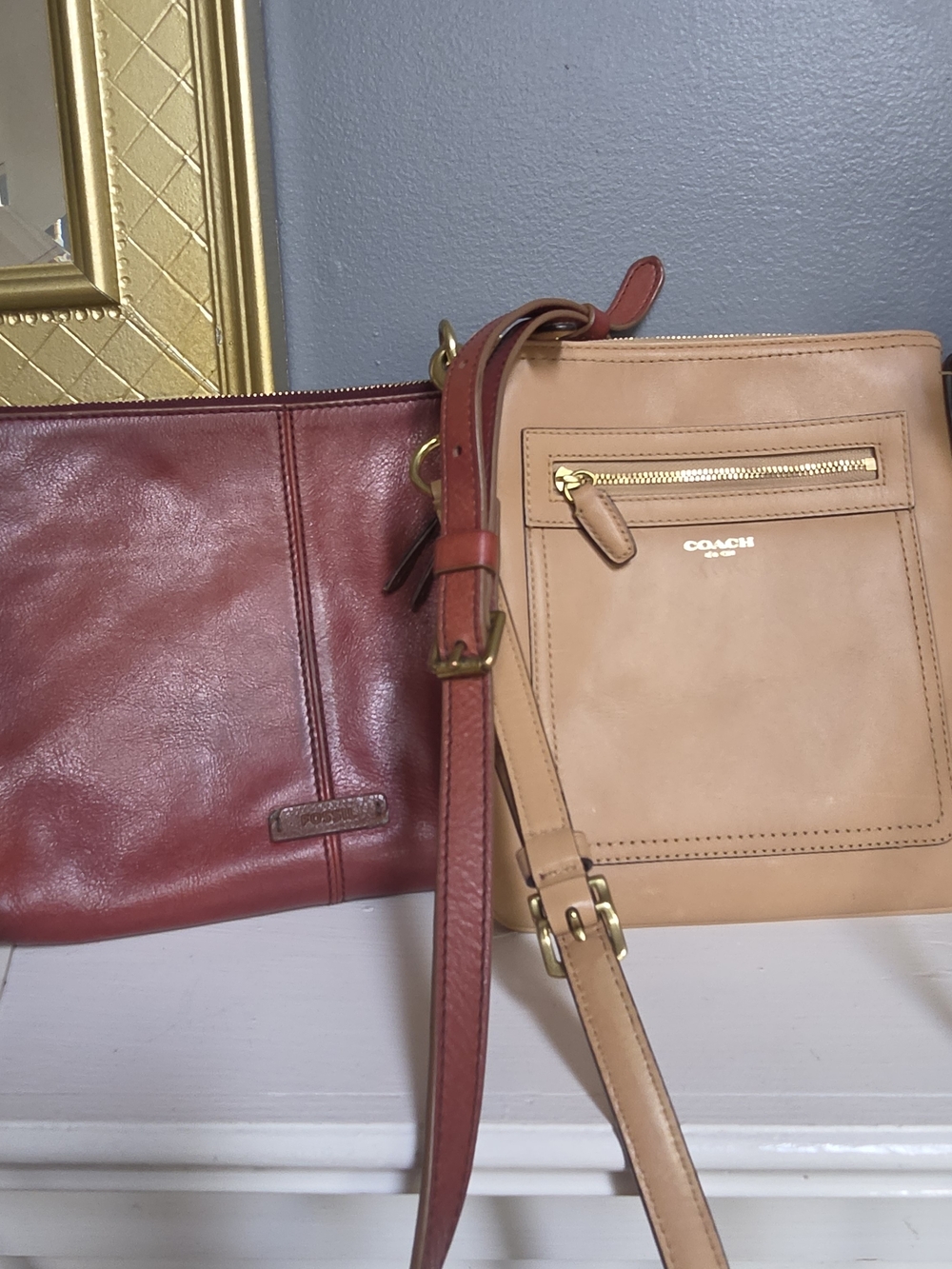 Coach Tan and Burgundy Fossil Leather Crossbody Duo Bundle